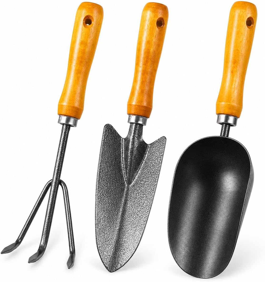 3-in-1 Heavy Duty Gardening Tools Kit, Premium Carbon Steel Garden Hand Tools with Ergonomic Wooden Handle Includes Trowel, Transplanter, and Cultivator, Ideal Gardening Gifts for Gardener