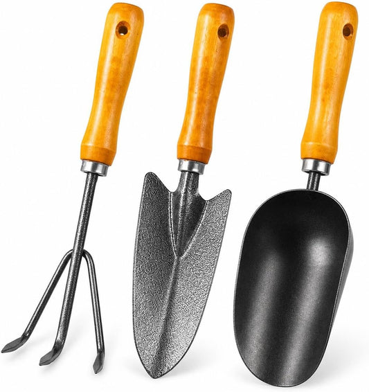 3-in-1 Heavy Duty Gardening Tools Kit, Premium Carbon Steel Garden Hand Tools with Ergonomic Wooden Handle Includes Trowel, Transplanter, and Cultivator, Ideal Gardening Gifts for Gardener
