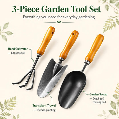 3-in-1 Heavy Duty Gardening Tools Kit, Premium Carbon Steel Garden Hand Tools with Ergonomic Wooden Handle Includes Trowel, Transplanter, and Cultivator, Ideal Gardening Gifts for Gardener