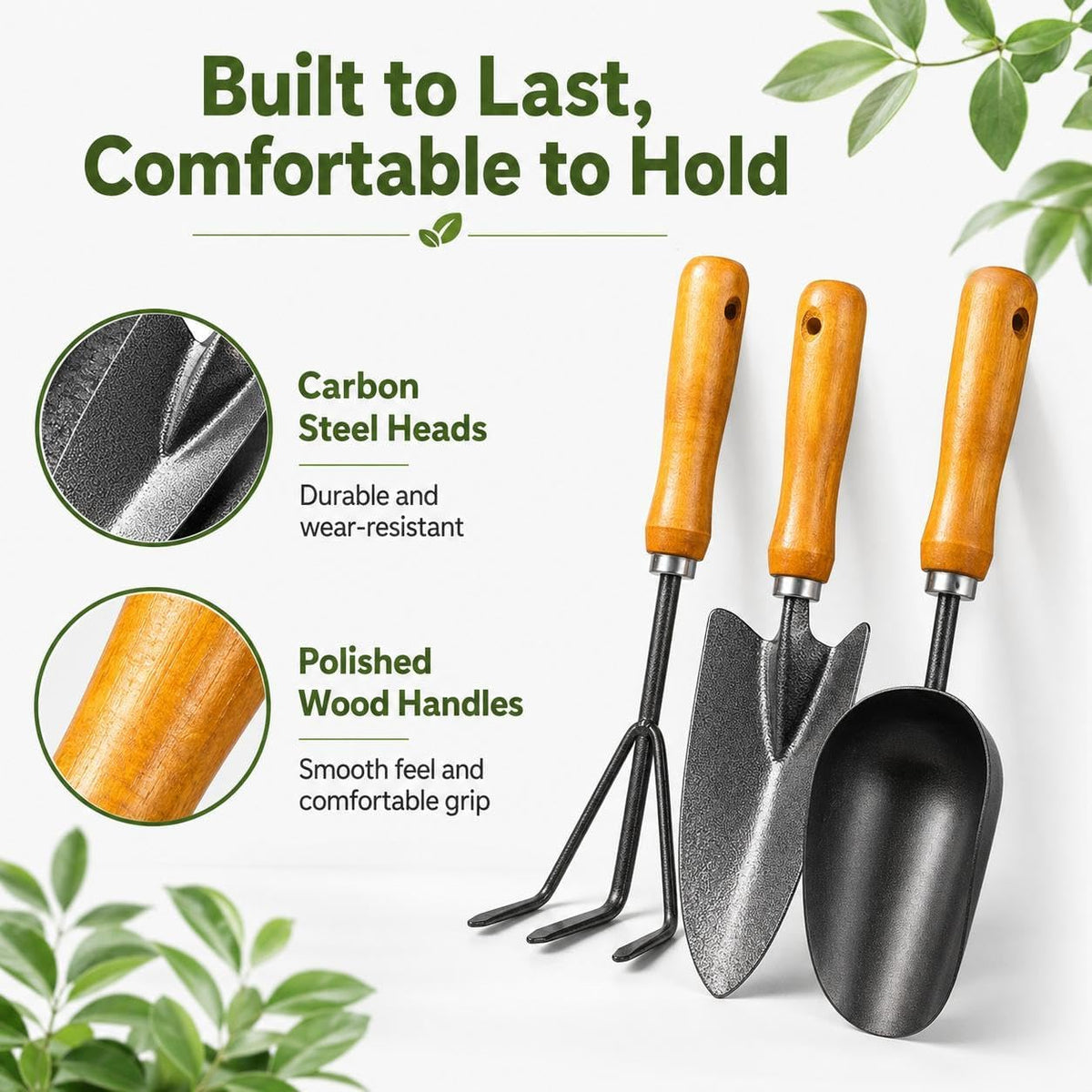 3-in-1 Heavy Duty Gardening Tools Kit, Premium Carbon Steel Garden Hand Tools with Ergonomic Wooden Handle Includes Trowel, Transplanter, and Cultivator, Ideal Gardening Gifts for Gardener