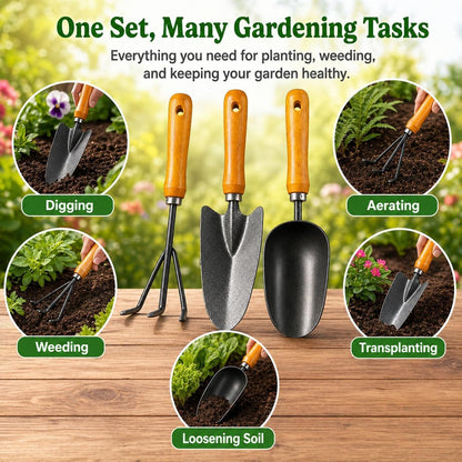 3-in-1 Heavy Duty Gardening Tools Kit, Premium Carbon Steel Garden Hand Tools with Ergonomic Wooden Handle Includes Trowel, Transplanter, and Cultivator, Ideal Gardening Gifts for Gardener