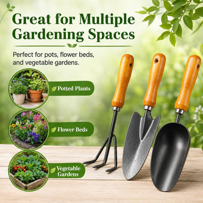 3-in-1 Heavy Duty Gardening Tools Kit, Premium Carbon Steel Garden Hand Tools with Ergonomic Wooden Handle Includes Trowel, Transplanter, and Cultivator, Ideal Gardening Gifts for Gardener