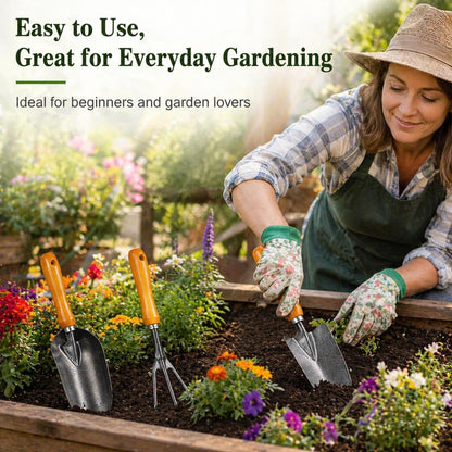 3-in-1 Heavy Duty Gardening Tools Kit, Premium Carbon Steel Garden Hand Tools with Ergonomic Wooden Handle Includes Trowel, Transplanter, and Cultivator, Ideal Gardening Gifts for Gardener