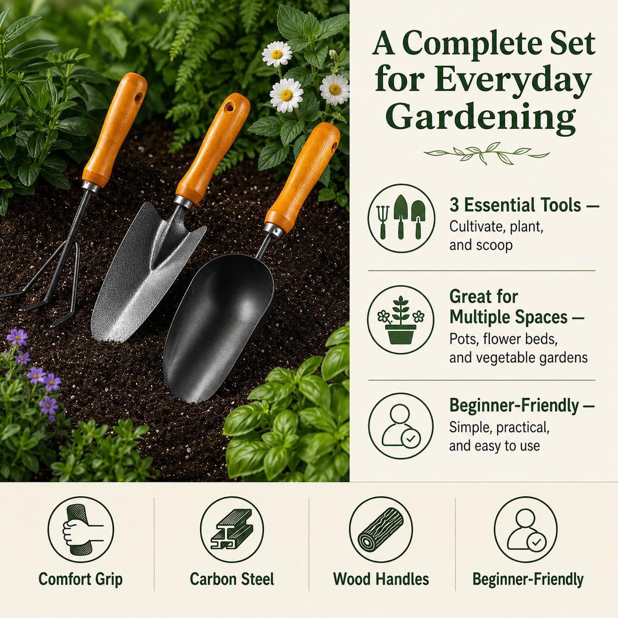 3-in-1 Heavy Duty Gardening Tools Kit, Premium Carbon Steel Garden Hand Tools with Ergonomic Wooden Handle Includes Trowel, Transplanter, and Cultivator, Ideal Gardening Gifts for Gardener