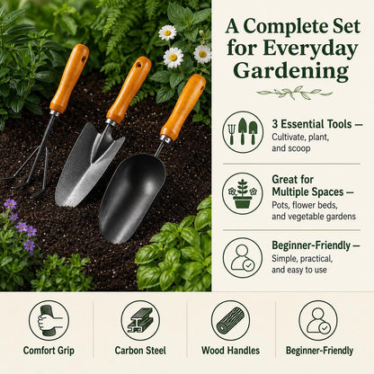 3-in-1 Heavy Duty Gardening Tools Kit, Premium Carbon Steel Garden Hand Tools with Ergonomic Wooden Handle Includes Trowel, Transplanter, and Cultivator, Ideal Gardening Gifts for Gardener