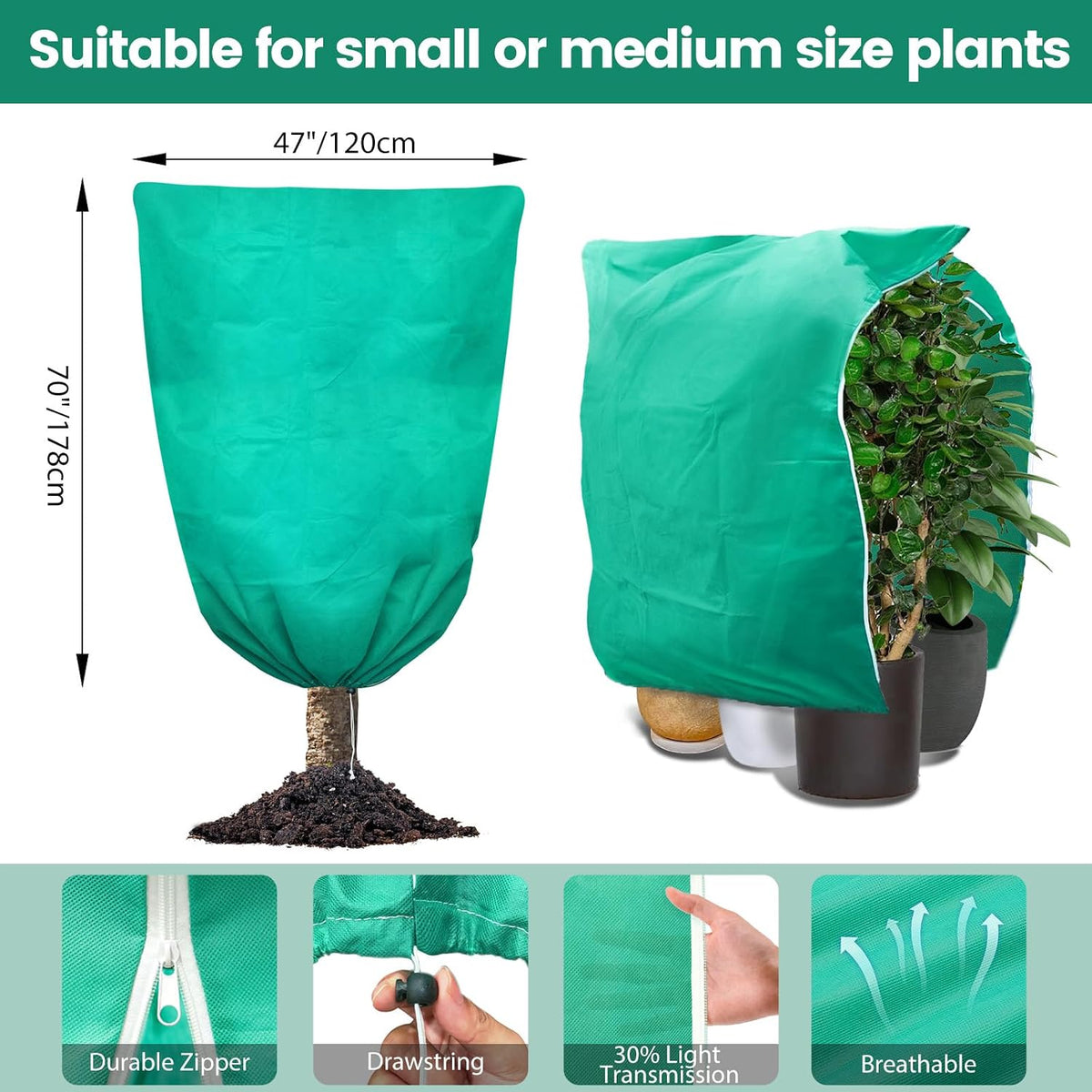 Plant Covers Freeze Protection, 47"W x 70"H Large Frost Cloth Blankets 2.47oz/yd² with Zipper Drawstring, Reusable Frost Tree Covers Shrub Jackets for Winter Outdoor Plants Potted Fruit Tree