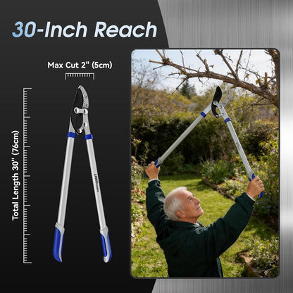 Loppers for Tree Trimming with Compound Action, 30 Inch Tree Trimmer, Thick Branch Cutter with ⌀ 2 Inch Cutting Capacity, Chops Thick Branches with Ease