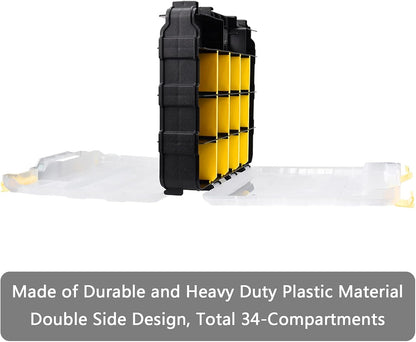 Small Parts Storage Case Tools Box Organizer Double Side 34 Compartments Hardware Organizers with Removable Plastic Dividers for Screws Nuts Nails Bolts