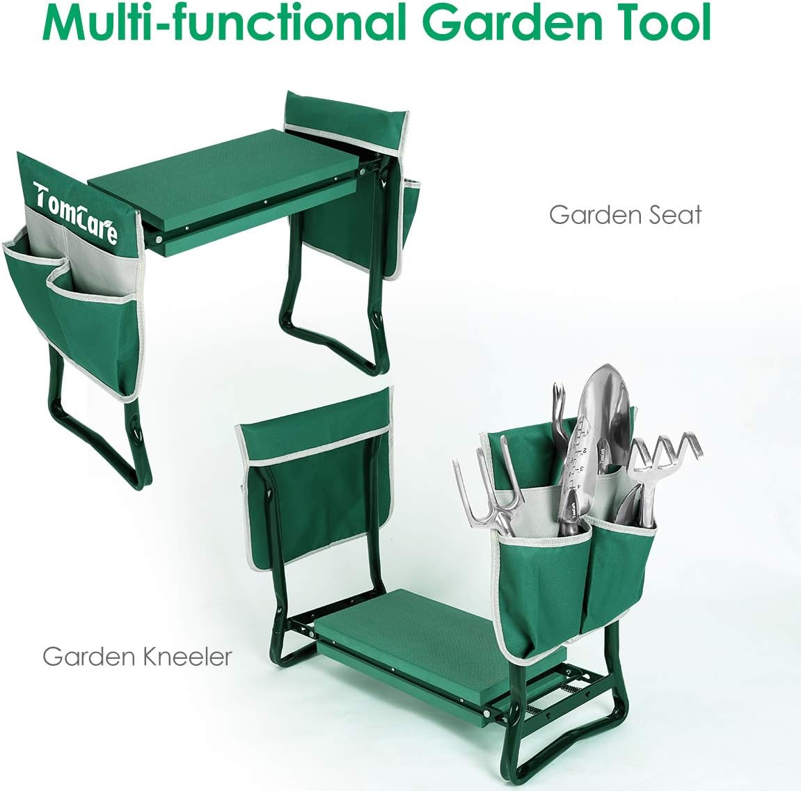 TomCare Garden Kneeler and Seat 10.64” Wider Larger Soft Kneeling Pad Garden Bench with 2 Large Tool Pouches Heavy Duty Garden Stool Foldable Tools Gardening Gifts for Women Men Gardeners
