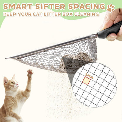 Cat Litter Scoop - Long Handle Scooper, Rustproof Stainless Steel Mesh, Non-Slip Grip, Deep Shovel Sifter for All Litter Types, Easy Clean Kitty Waste Litter for Litter Box(Black)