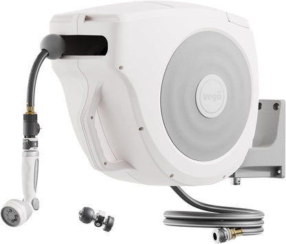 Vego Garden Hose Reel Retractable Hi-Flow Wall Mounted Hose Reel Automatic Rewind, Any Length Lock with 9 Patterns Sprayer Nozzle, Quick Connector and Adjustable shot Nozzle (Seaweed Green, 100ft)