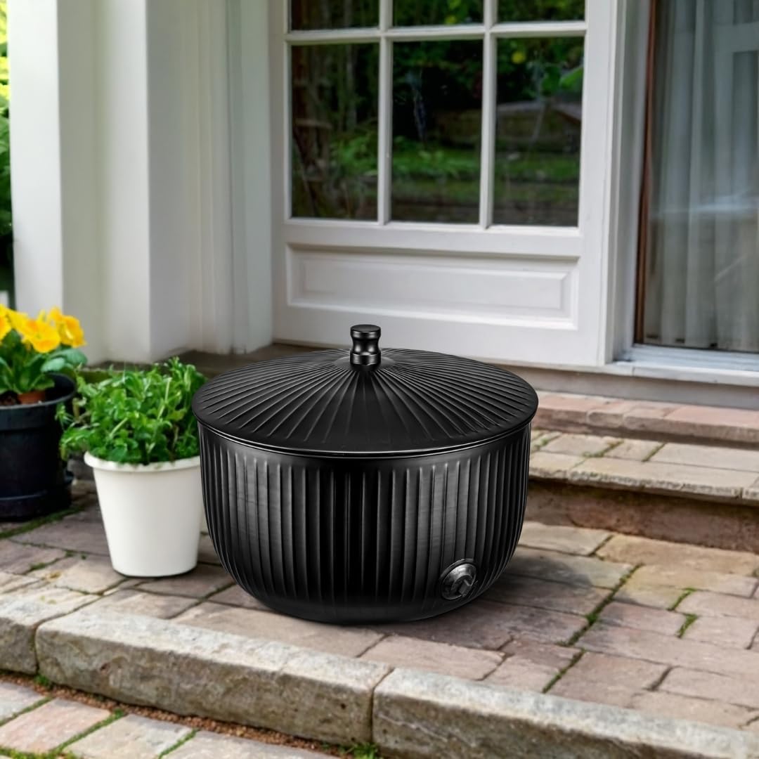 Monarch Abode Garden Hose Holder with Lid – Decorative Water Hose Holders for Outside, Ridge Embossed Metal Matte Black Pot with Drainage, 100ft Waterhose Holder for Outside, Garden Storage Caddy