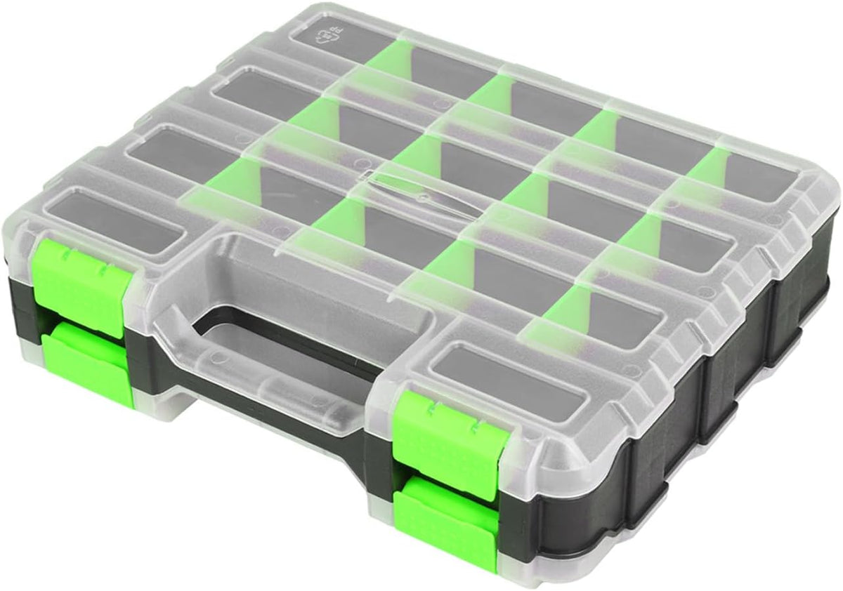 Jack Boss Tool Box with Transparent Lid, Double Side 34-Compartments Organizer Box with Removable Dividers for Hardware, Screws, Bolts, Nails, Beads, Jewelry and Fishing Accessories, Orange, 2 Pack