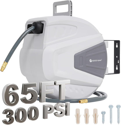 Air Hose Reel Retractable 3/8 in. x 50 ft Hybrid Polymer Hose, Retractable Auto-Rewind Enclosed Heavy Duty 180° Swivel Mount, Max 300PSI Commerical Polypropylene Grey