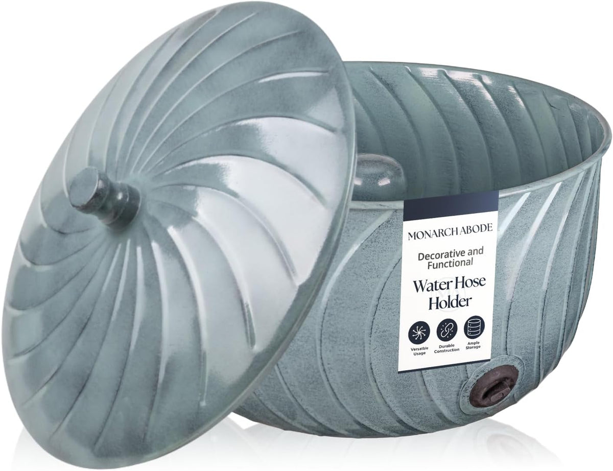 Monarch Abode Garden Hose Holder with Lid – Decorative Water Hose Holders for Outside, Wave Embossed Metal Matte Black Pot with Drainage, 100ft Waterhose Holder for Outside, Garden Storage Caddy