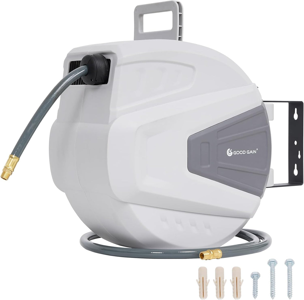 Air Hose Reel Retractable 3/8 in. x 50 ft Hybrid Polymer Hose, Retractable Auto-Rewind Enclosed Heavy Duty 180° Swivel Mount, Max 300PSI Commerical Polypropylene Grey