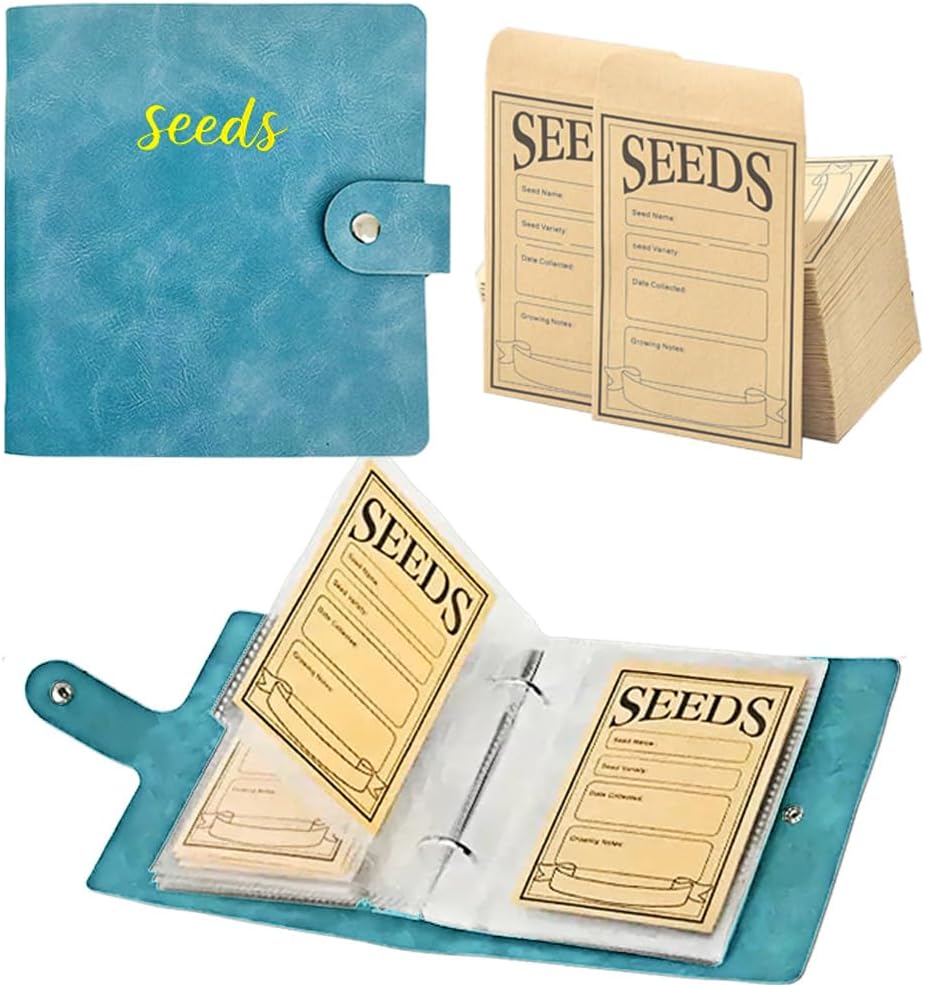 Seed Storage Organizer Binder, 3 Ring Seed Packet Organizer with 100 Pockets(25 Pack Clear Sheet Protectors), Garden Seed Holder Book for Envelopes, Seed Saving Keeper, Green