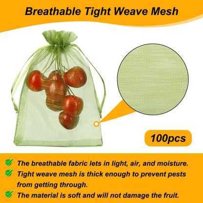 Shintop 100Pcs Fruit Protection Bags, 4x6 Inch Green Strawberry Netting Cover Drawstring Mesh Bags Pest Barrier for Blueberry Small Fruit