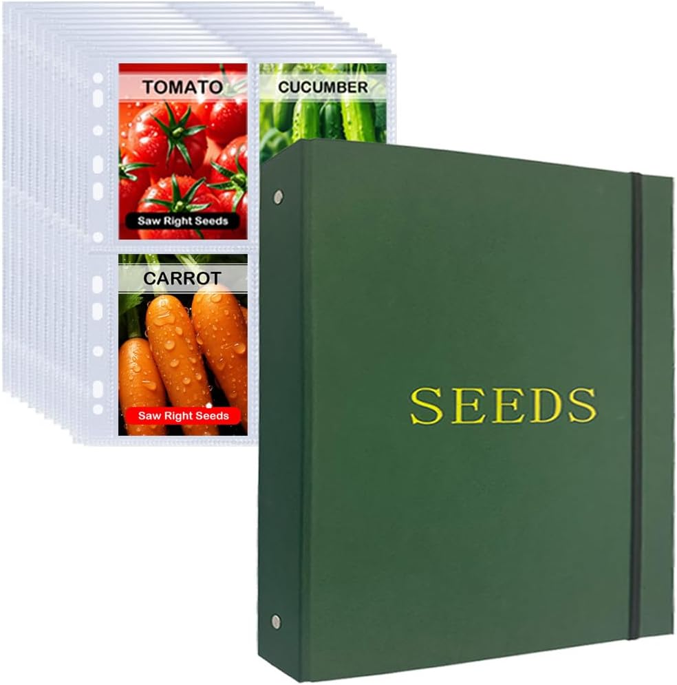 Seed Storage Organizer Binder, 3 Ring Seed Packet Organizer with 100 Pockets(25 Pack Clear Sheet Protectors), Garden Seed Holder Book for Envelopes, Seed Saving Keeper, Green