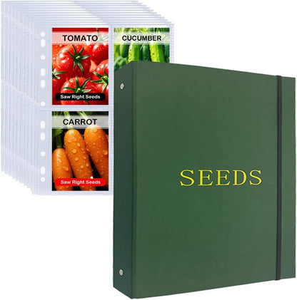 Seed Storage Organizer Binder, 3 Ring Seed Packet Organizer with 100 Pockets(25 Pack Clear Sheet Protectors), Garden Seed Holder Book for Envelopes, Seed Saving Keeper, Green
