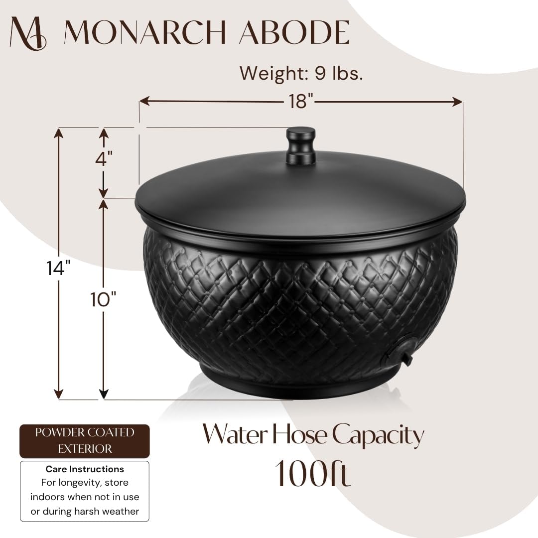 Monarch Abode Garden Hose Holder with Lid – Decorative Water Hose Holders for Outside, Diamond Embossed Metal Patina Pot with Drainage, 100ft Waterhose Holder for Outside, Garden Storage Caddy