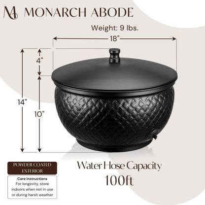 Monarch Abode Garden Hose Holder with Lid – Decorative Water Hose Holders for Outside, Diamond Embossed Metal Patina Pot with Drainage, 100ft Waterhose Holder for Outside, Garden Storage Caddy