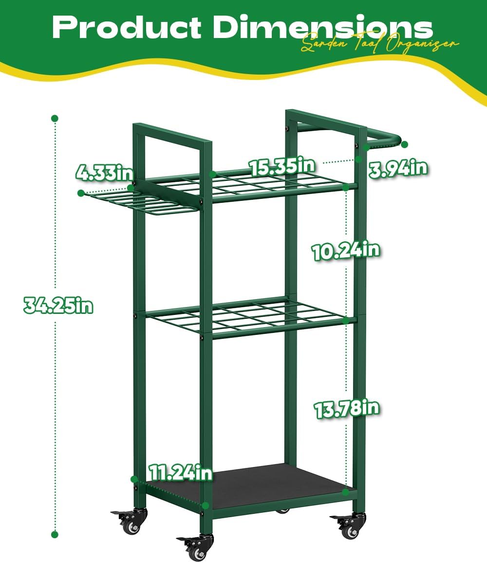 Garden Tool Organizer with Wheels, Heavy Duty 3 Tier Metal Yard Tool Storage Rack Holder with Side Hooks, Freestanding Garage Organizer for Shovels, Rakes, Brooms, Indoor Outdoor Use, Black