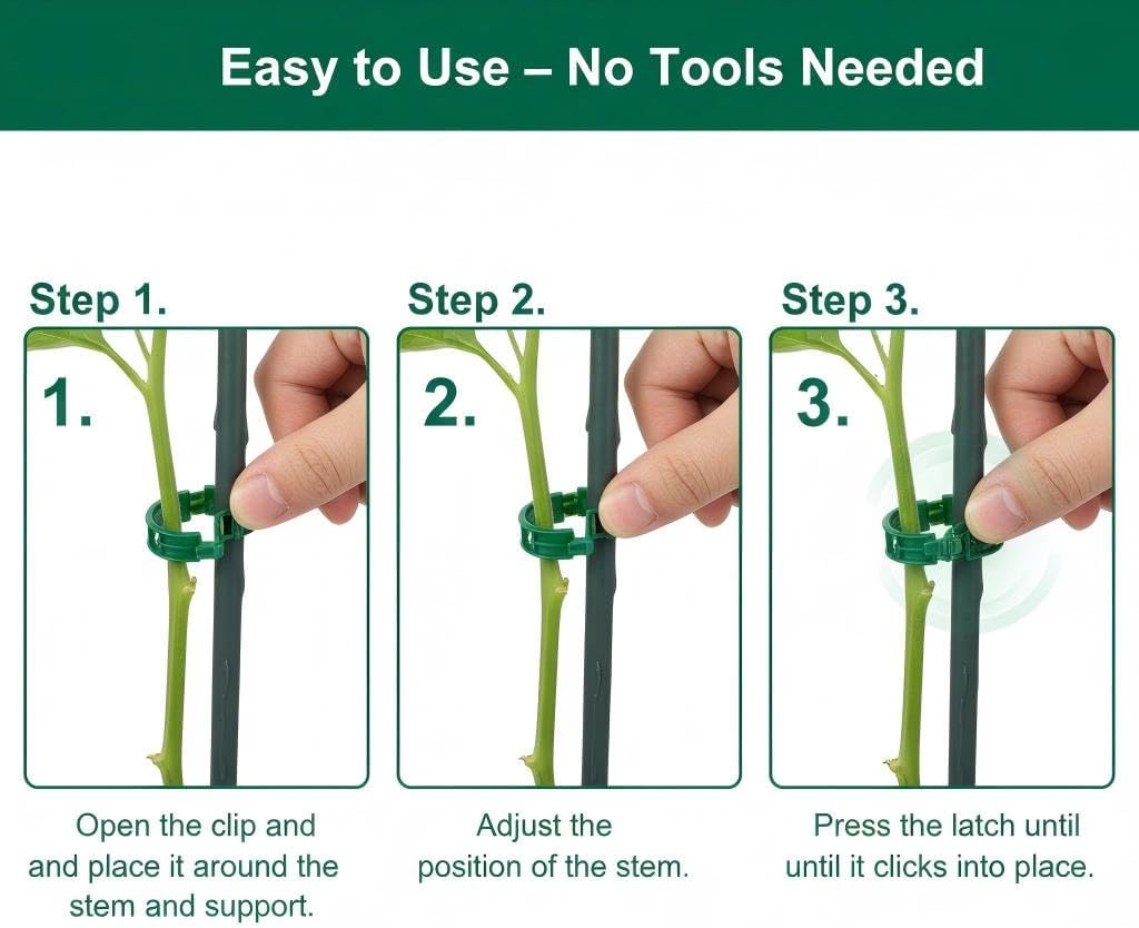 100Pcs Plant Support Clips - Plastic Stem Clips for Climbing Plants, Tomato Vines, Grape Vegetables, Secure & Reusable Garden Clips (Green)