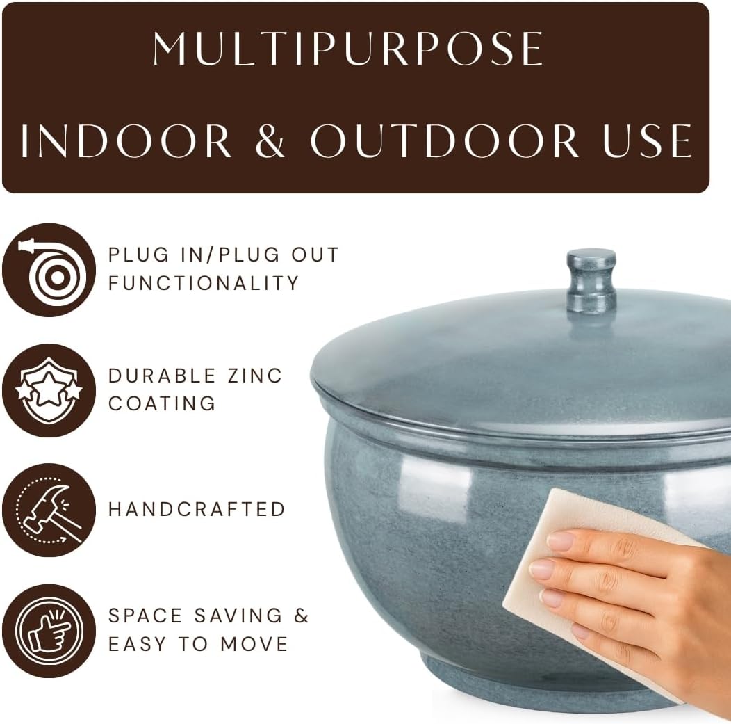 Monarch Abode Garden Hose Holder with Lid – Decorative Water Hose Holders for Outside, Smooth Metal Antique Copper Pot with Drainage, 100ft Waterhose Holder for Outside, Garden Storage Caddy