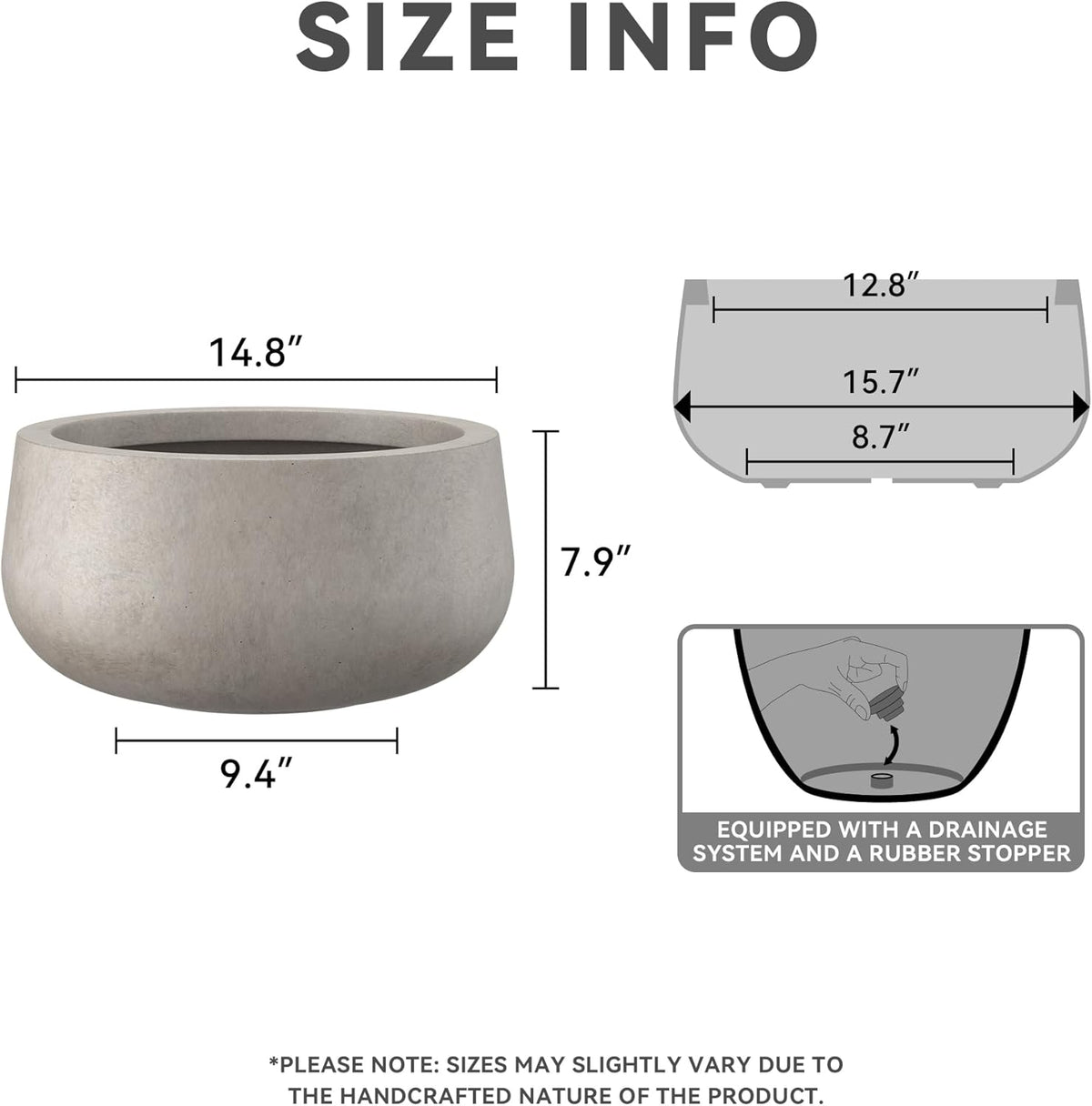 Kante 15.7" Dia Round Concrete Planter, Outdoor Indoor Garden Plant Pots with Drainage Hole and Rubber Plug, Modern Curvaceous Design, Slate Gray