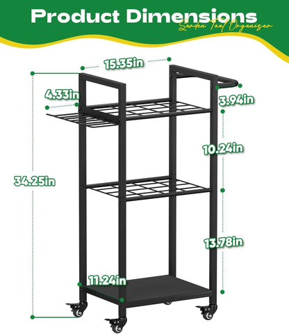 Garden Tool Organizer with Wheels, Heavy Duty 3 Tier Metal Yard Tool Storage Rack Holder with Side Hooks, Freestanding Garage Organizer for Shovels, Rakes, Brooms, Indoor Outdoor Use, Black