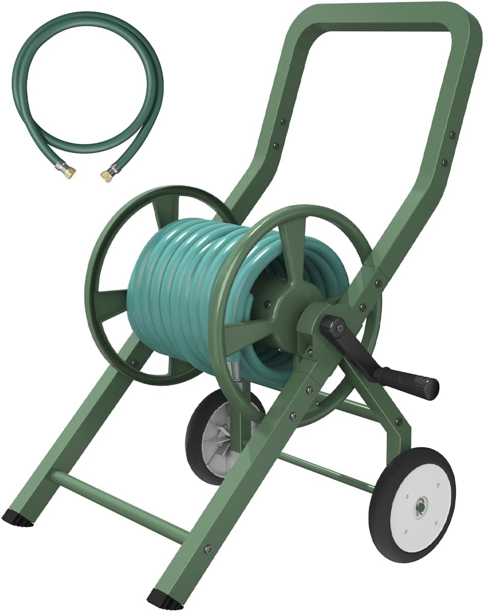Artigarden Garden Hose Reel Cart with Wheels, Outdoor Heavy Duty Powder-coated Steel Water Storage Winder Holder, Holds 125 ft of 5/8’’ Hose with 3.9 Ft Leader Hose for Outside Lawn Yard, Black