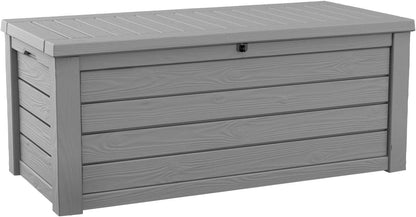 Keter 150 Gallon Resin Large Deck Box Organization and Storage Box for Patio, Outdoor Cushions, Garden Tools, Brown