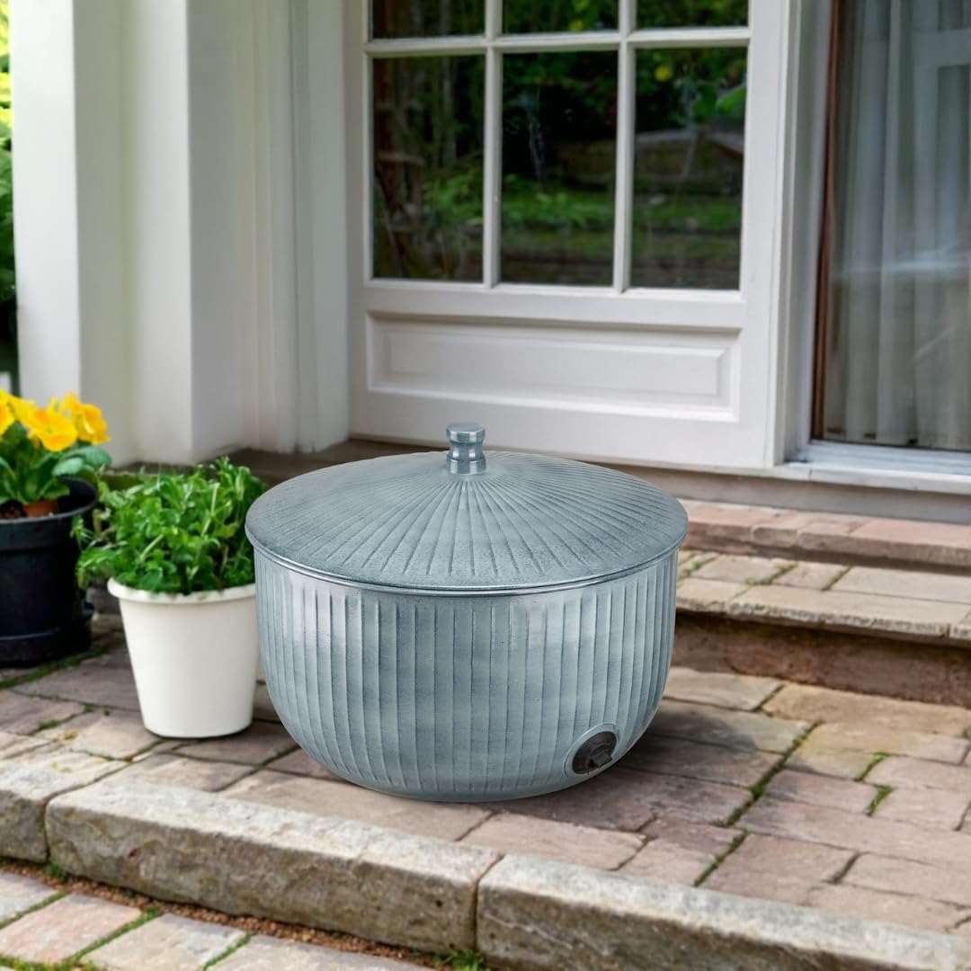Monarch Abode Garden Hose Holder with Lid – Decorative Water Hose Holders for Outside, Ridge Embossed Metal Matte Black Pot with Drainage, 100ft Waterhose Holder for Outside, Garden Storage Caddy
