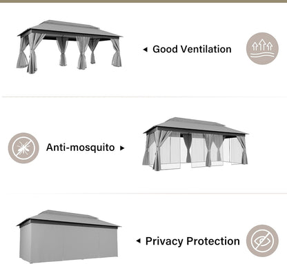 10x20 Gazebo Canopy with 100FT String Lights, Metal Heavy Duty Patio Canopy Tent with Double Roofs, Mosquito Nettings and Privacy Screens for Backyard, Garden, Lawn, Gray