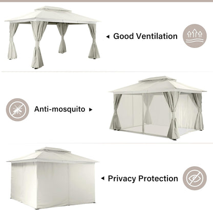 10x20 Gazebo Canopy with 100FT String Lights, Metal Heavy Duty Patio Canopy Tent with Double Roofs, Mosquito Nettings and Privacy Screens for Backyard, Garden, Lawn, Gray