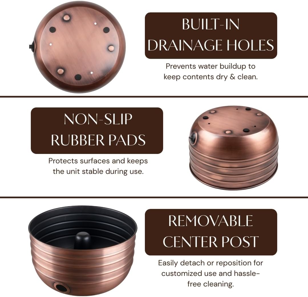 Monarch Abode Garden Hose Holder with Lid – Decorative Water Hose Holders for Outside, Border Embossed Metal Patina Pot with Drainage, 100ft Waterhose Holder for Outside, Garden Storage Caddy