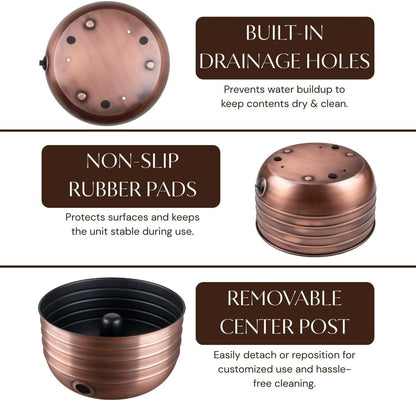 Monarch Abode Garden Hose Holder with Lid – Decorative Water Hose Holders for Outside, Border Embossed Metal Patina Pot with Drainage, 100ft Waterhose Holder for Outside, Garden Storage Caddy