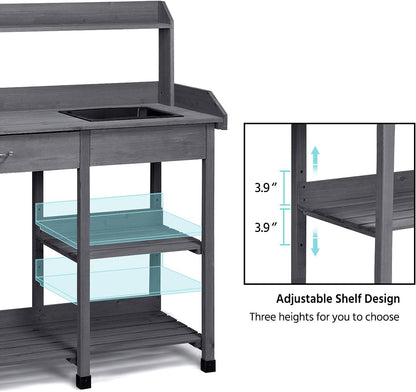 Yaheetech Potting Bench Outdoor Garden Work Bench Station Planting Solid Wood Construction for Horticulture w/Sink Drawer Rack Shelves Natural Wood