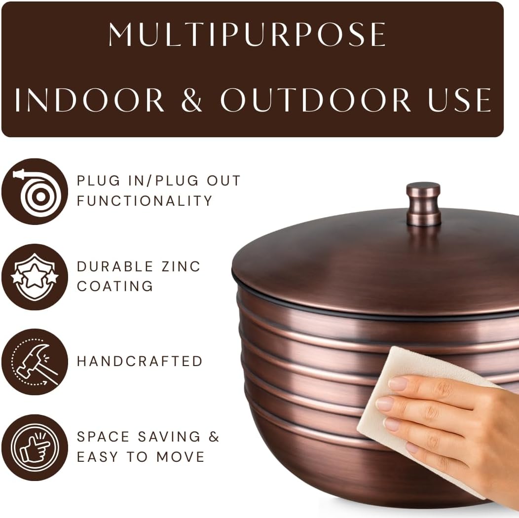 Monarch Abode Garden Hose Holder with Lid – Decorative Water Hose Holders for Outside, Border Embossed Metal Patina Pot with Drainage, 100ft Waterhose Holder for Outside, Garden Storage Caddy