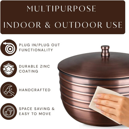 Monarch Abode Garden Hose Holder with Lid – Decorative Water Hose Holders for Outside, Border Embossed Metal Patina Pot with Drainage, 100ft Waterhose Holder for Outside, Garden Storage Caddy