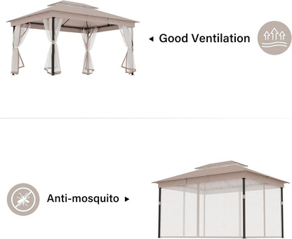 10x20 Gazebo Canopy with 100FT String Lights, Metal Heavy Duty Patio Canopy Tent with Double Roofs, Mosquito Nettings and Privacy Screens for Backyard, Garden, Lawn, Gray