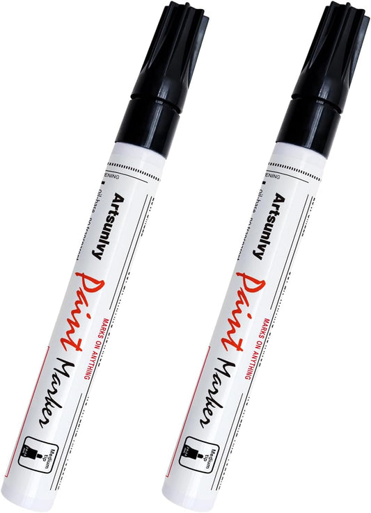 Artsunlvy White Paint Pens marking pens Permanent Markers - 2 Pack Oil Based Waterproof Markers for Tire, Rubber,Wood, Rocks, Metal, Canvas,Plastic, Dark Surface,Craft office Supplies,Medium Point