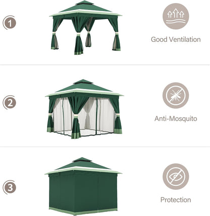 10x20 Gazebo Canopy with 100FT String Lights, Metal Heavy Duty Patio Canopy Tent with Double Roofs, Mosquito Nettings and Privacy Screens for Backyard, Garden, Lawn, Gray
