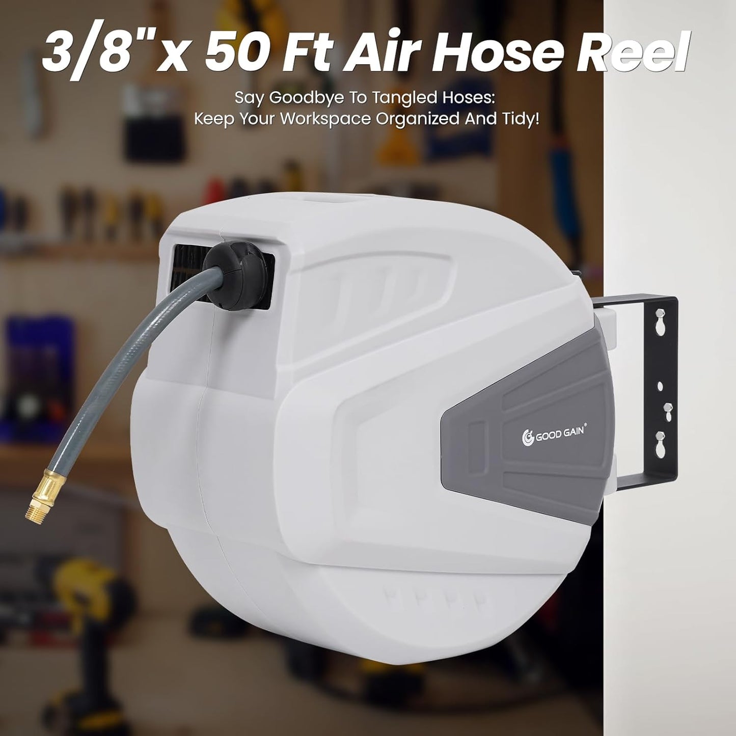 Air Hose Reel Retractable 3/8 in. x 50 ft Hybrid Polymer Hose, Retractable Auto-Rewind Enclosed Heavy Duty 180° Swivel Mount, Max 300PSI Commerical Polypropylene Grey