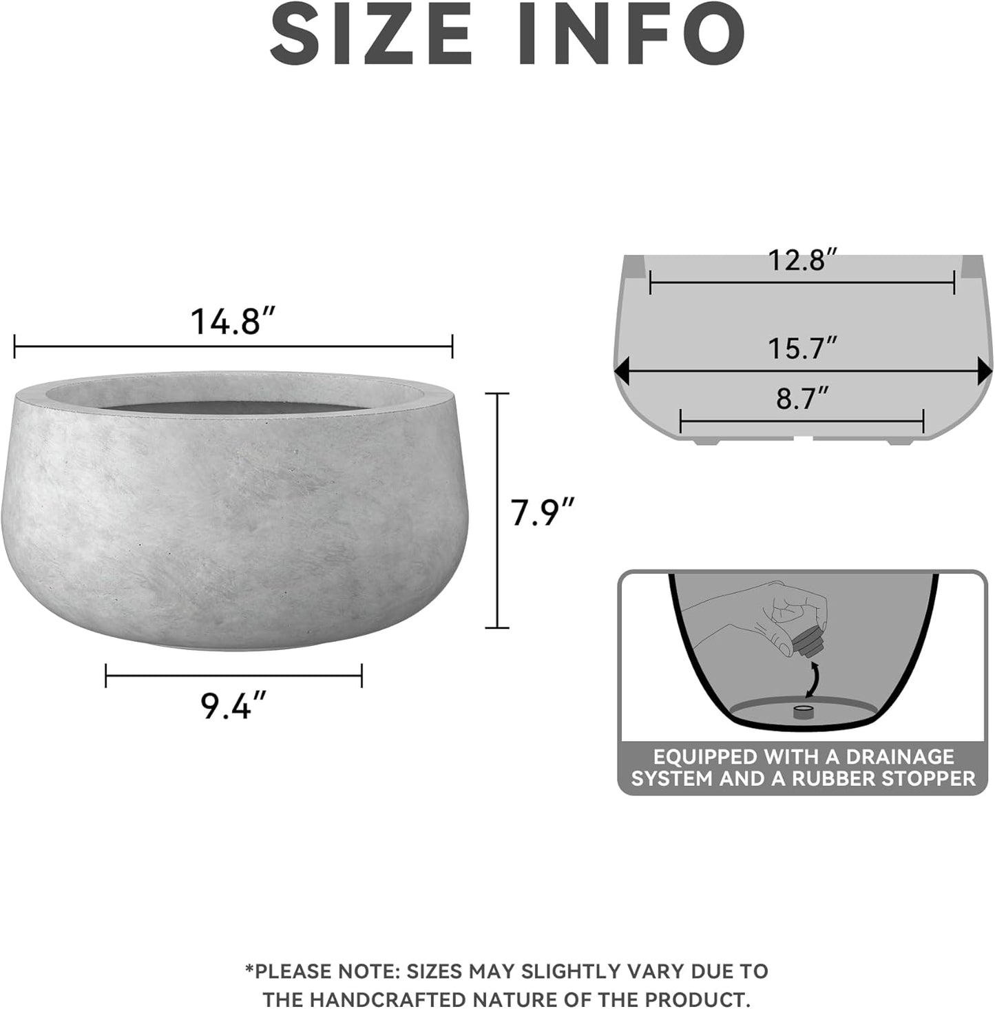 Kante 15.7" Dia Round Concrete Planter, Outdoor Indoor Garden Plant Pots with Drainage Hole and Rubber Plug, Modern Curvaceous Design, Slate Gray