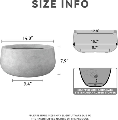 Kante 15.7" Dia Round Concrete Planter, Outdoor Indoor Garden Plant Pots with Drainage Hole and Rubber Plug, Modern Curvaceous Design, Slate Gray