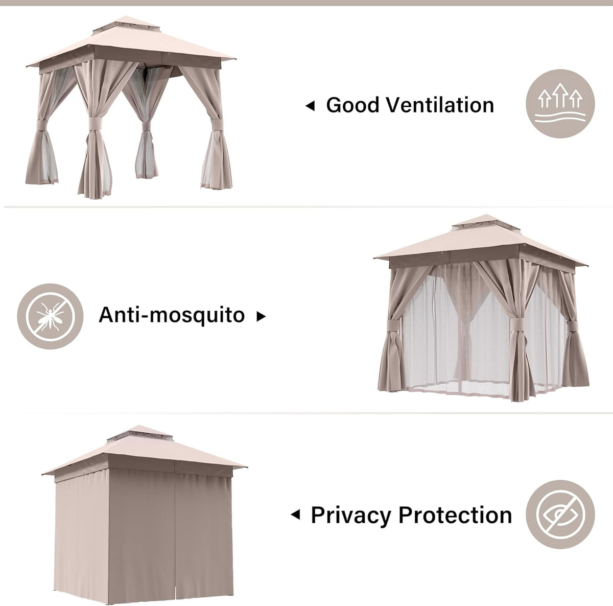 10x20 Gazebo Canopy with 100FT String Lights, Metal Heavy Duty Patio Canopy Tent with Double Roofs, Mosquito Nettings and Privacy Screens for Backyard, Garden, Lawn, Gray