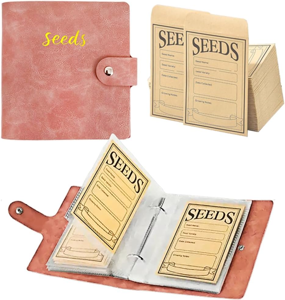 Seed Storage Organizer Binder, 3 Ring Seed Packet Organizer with 100 Pockets(25 Pack Clear Sheet Protectors), Garden Seed Holder Book for Envelopes, Seed Saving Keeper, Green