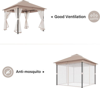 10x20 Gazebo Canopy with 100FT String Lights, Metal Heavy Duty Patio Canopy Tent with Double Roofs, Mosquito Nettings and Privacy Screens for Backyard, Garden, Lawn, Gray
